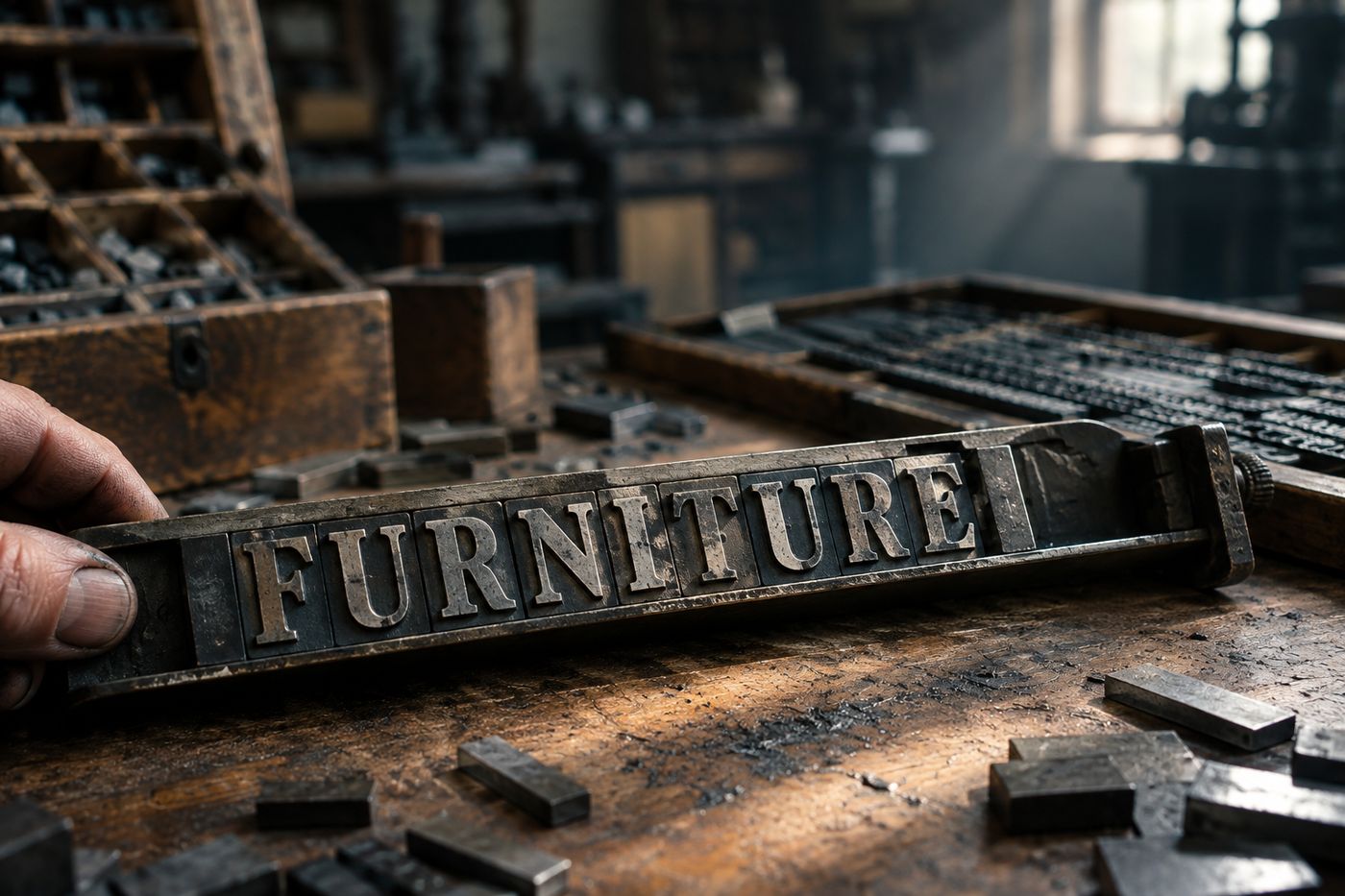 Wood and metal furniture packed around a forme of type, ready to be locked into the chase.