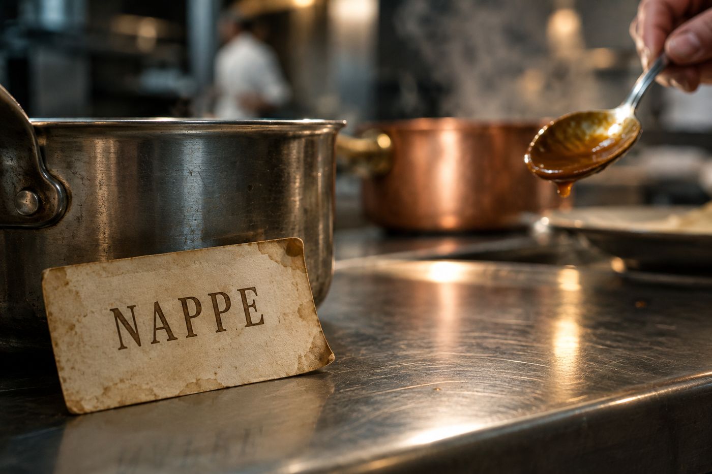 The line a finger leaves on the back of a coated spoon, the exact test a nappe consistency exists to pass.
