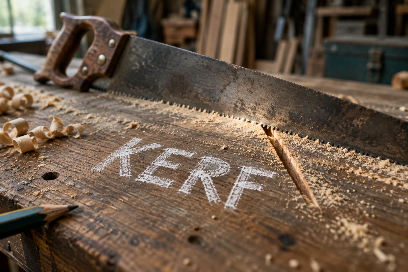 A saw blade mid-cut, the thin channel of removed wood visible on either side of it. That channel is the kerf.