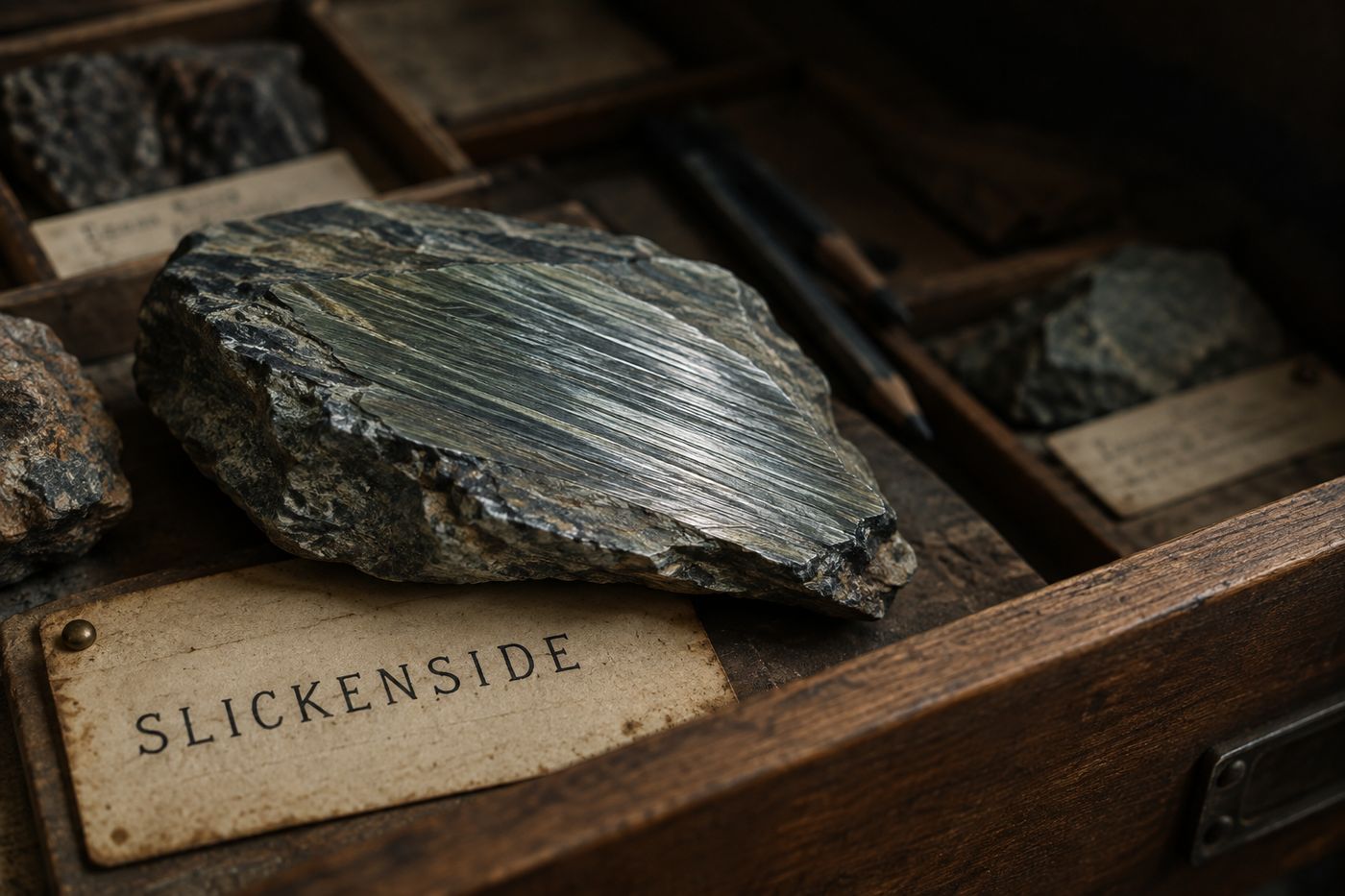 A polished, grooved rock face where two blocks of earth once ground past each other along a fault.